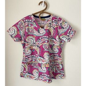 Vera Bradley Scrub Top Size M Pink Floral Paisley All-Over Print V-Neck Pockets